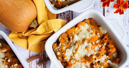 Gratin de pâtes à la courge butternut et à la tomme de chèvre (Alsace, sans gluten, amap, veggie)