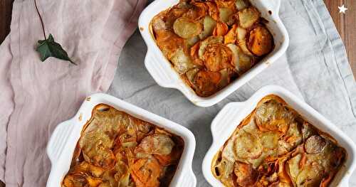 Gratins pommes de terre, patates douces, coco (vegan, sans gluten, amap)