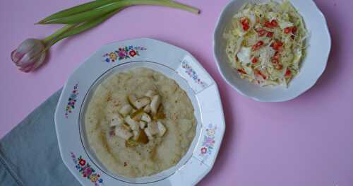 Les fruits s'invitent à notre table de samedi midi : velouté céleri-poire et salade chou blanc-grenade (hivernal, vegan, glutenfree)