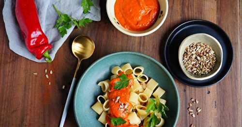 Pâtes au coulis de poivrons rouges (amap, sans gluten, vegan)