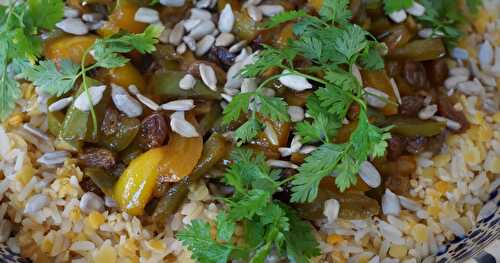 Petite mixture : riz-lentilles corail, compotée de poivrons, cerfeuil