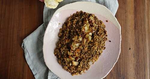 Pilaf lentilles, boulgour, oignons (vegan)