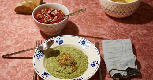 Purée brocolis-millet et rillettes de betteraves et noix