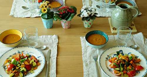 Repas du soir : velouté de lentilles corail et salade colorée