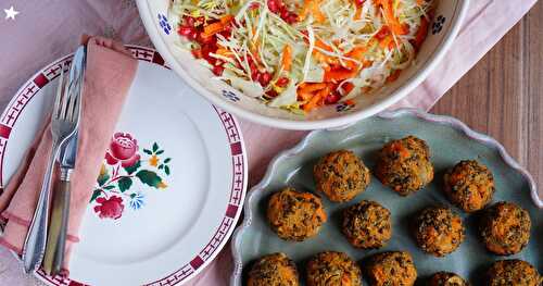 Repas végétal : salade chou, carottes, grenade et boulettes patates douces, lentilles (amap, sans gluten, vegan)