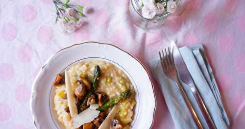 Risotto aux asperges vertes, champignons et touche d'huile truffée