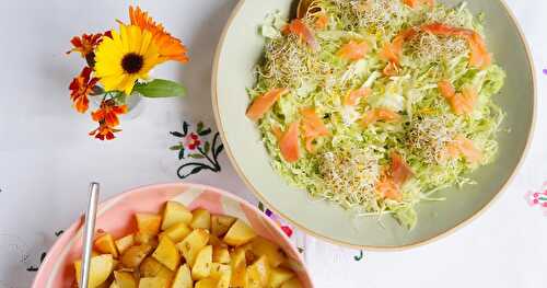 Salade de pommes de terre au cumin, salade de chou et truite fumée (amap, sans gluten, salades)