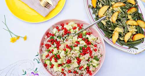 Salade haricots verts-pêches et salade sorgho-groseilles-concombre (amap, sans gluten, vegan, été)