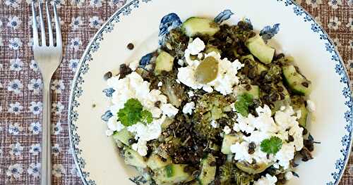 Salade lentilles beluga-brocolis-avocat-concombre-cottage cheese