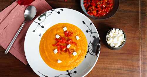 Soupe à la courge bleue, topping poivrons et feta (automne, soupe, veggie)