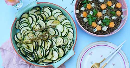 Tian de courgettes et salade lentilles-melon-fourme (veggie, estival, sans gluten)
