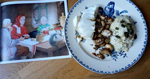 Un chouette repas : cabillaud, champignons à la moutarde à l'ancienne et "semoule" de chou-fleur