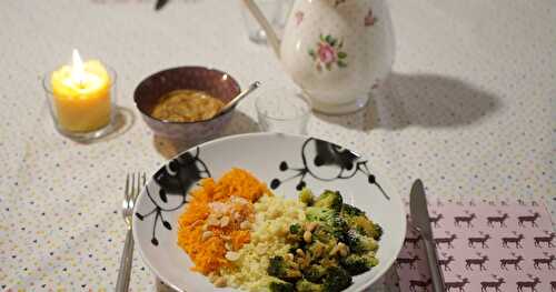 Un chouette repas du soir : assiette composée millet-coco, brocolis sautés et salade de carottes + pommes au four pour le dessert