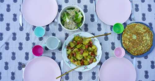 Un dîner estival veggie complet et très chouette : salade de pomme de terre, omelette, salade (veggie, sans gluten, sans lactose)