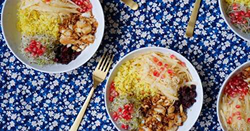 Une assiette complète bien garnie, tendance "bowl" : rutabaga, betteraves rôties, cabillaud, riz, grenade...(hivernal, glutenfree, lactosefree)