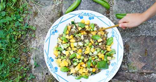 Youpi, me revoilà!! Salade de lentilles, pêches, avocat...(vegan, sans gluten, estival, IG bas)