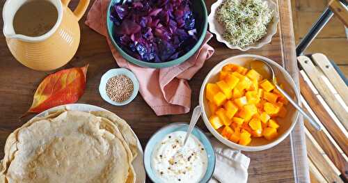 Galettes au sarrasin, butternut, chou rouge, yaourt à la grecque (amap, sans gluten, veggie)