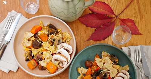 Salade de pâtes, potimarron, champignons, marrons rôtis (vegan, salade, automne)