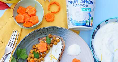 Tartines yaourt citronné, pois chiches grillés, carottes à l'orange (veggie, amap, partenariat)