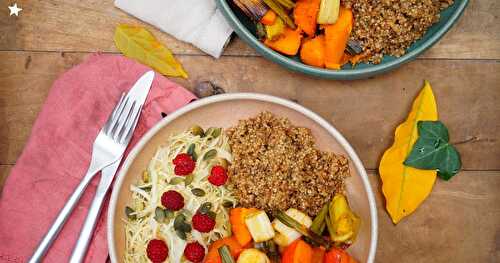 Assiette composée : potimarron et poireaux rôtis, quinoa, salade de chou (amap, sans gluten, vegan)