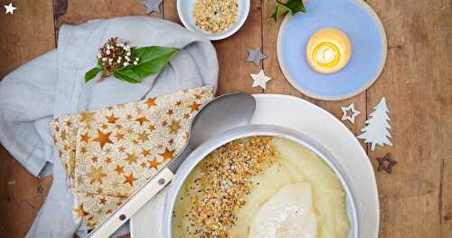 Menu de Noël Uberti : en entrée : velouté panais-poires et supergraines (vegan, sans gluten, Noël)