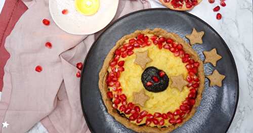 Tarte citron, crème de sésame noir, grenade (dessert, sans lactose)