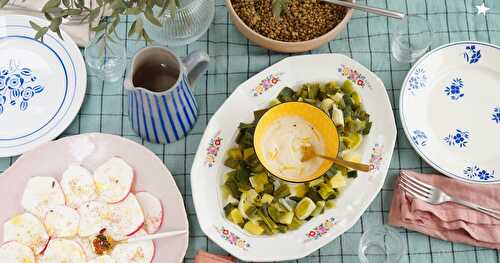 Repas végétal : poireaux sauce cajou-citron, carpaccio de radis, lentilles (amap, vegan, sans gluten)