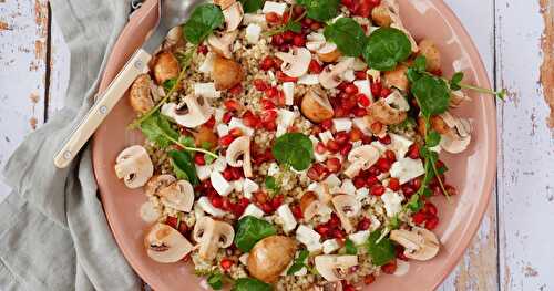 Salade sorgo, champignons, feta, grenade, verdure (veggie, sans gluten)