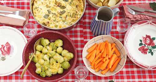 Repas veggie : frittata poireaux, choux de Bruxelles, carottes, pommes de terre (amap, sans gluten, veggie)