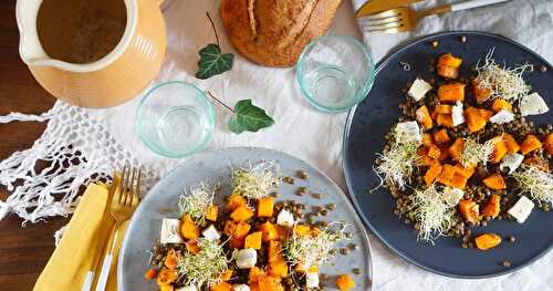 Salade lentilles, butternut, gorgonzola et graines germées (amap, sans gluten, veggie)