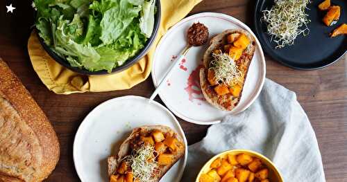 Tartines tomates séchées, butternut, graines germées (vegan, amap)