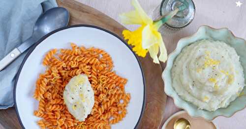 Torsades lentilles corail et konjac, sauce topinambours et miso blanc (vegan, sans gluten, amap)