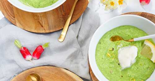 Velouté de petits pois et coco, sorbet citron (vegan, sans gluten, printemps)