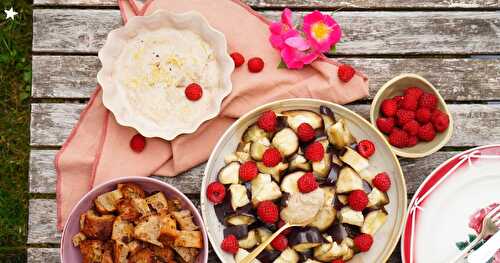 Aubergines, framboises, sauce sésame-citron, croûtons (vegan, salade, estival)