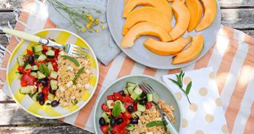 Couscous de lentilles corail, feta, menthe et salade tomates-concombre-olives (veggie, estival, sans gluten)