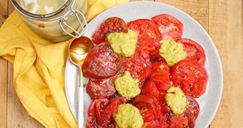 Tomates, sauce à la courgette lacto-fermentée (cru, amap, été, vegan)