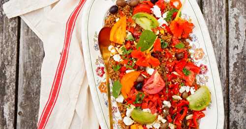 Salade petit épeautre, poivrons, tomates, capucine, feta (veggie, amap)