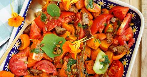 Salade potimarron rôti, tomates, huile de capucine (vegan, amap, salade)