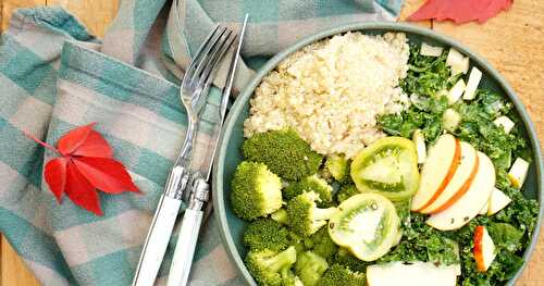 Assiette verte :  brocolis, chou kale-pommes, quinoa (vegan, amap, sans gluten)