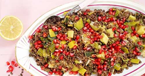 Salade lentilles, poireaux, grenade (vegan, sans gluten, amap)