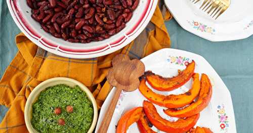 Haricots rouges, potimarron rôti, pesto de chou aux noisettes (amap, vegan, sans gluten)