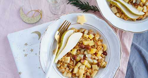 Petit épeautre façon risotto, panais, poire, parmesan, noisettes (veggie)