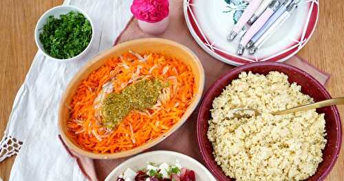 Salade carottes-radis, betteraves-feta et millet (amap, sans gluten, veggie)