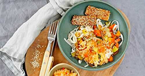 Nouilles sautées aux légumes, tofu mariné (amap, vegan, sans gluten, lactofermentation)