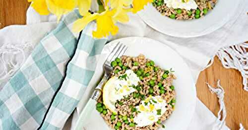 Coquillettes, petits pois, citron et cottage cheese (veggie)