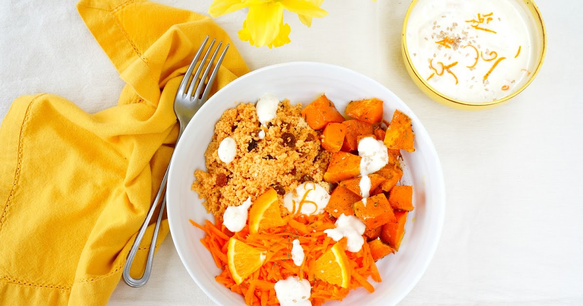 Couscous de lentilles corail, courge rôtie, carottes, sauce yaourt-sésame-orange (amap, sans gluten)