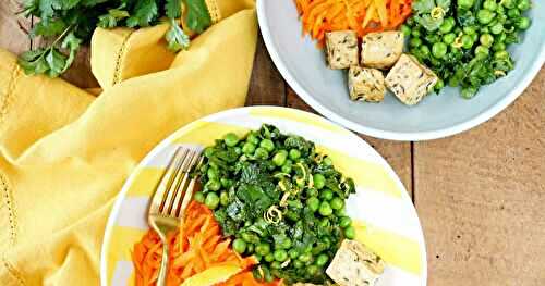 Petits pois citron-coriandre, carottes râpées et tofu aux herbes (vegan, amap, sans gluten)