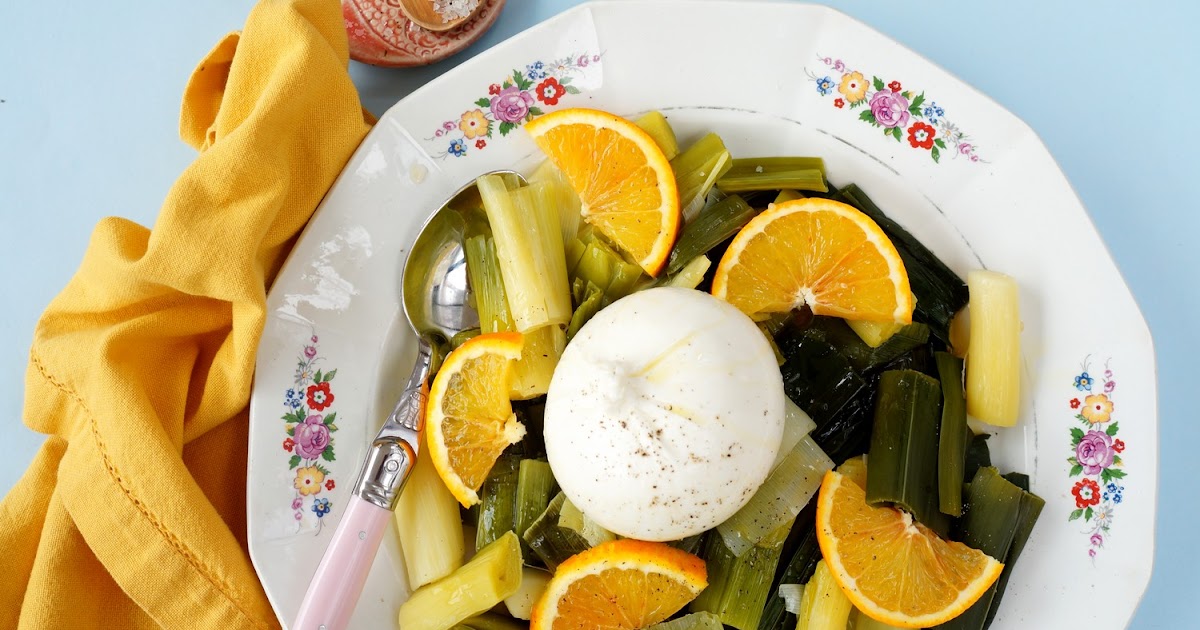 Poireaux, oranges, burrata, sel à la truffe (veggie, amap)