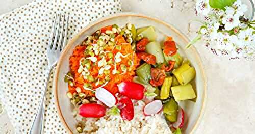 Assiette composée : poireaux-tomates séchées, carottes râpées-haricots mungo, radis, riz (amap, vegan, sans gluten)