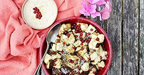 Aubergines, groseilles, sauce sésame-citron (amap, été, vegan)